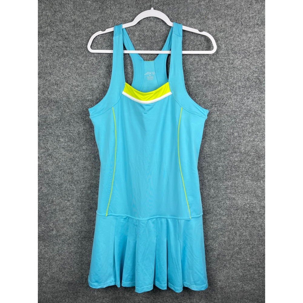 BCG Tennis Dress Womens XL Blue Neon Yellow Excellent Racerback Pleated Active
